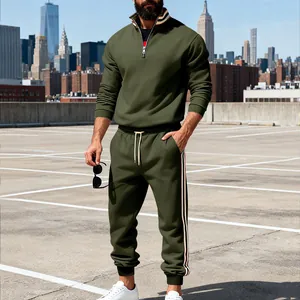 Men's heavyweight olive green tracksuit set featuring stand collar and contrast side stripes