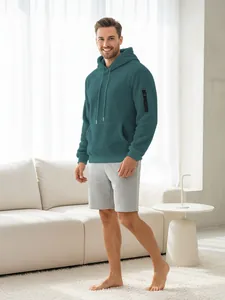 Herren Kapuzenpullover aus Sherpa-Fleece in Blaugrün mit Reißverschluss am Ärmel