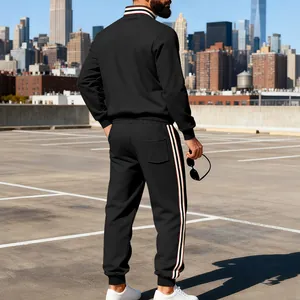 Full back view of black men's casual tracksuit set featuring stylish side stripe details