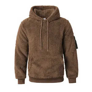 Brauner Herren-Plüsch-Fleece-Hoodie mit weicher Textur, Kapuze und Kängurutasche
