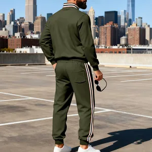 Back view of men's olive green tracksuit set with stylish side stripe detailing.