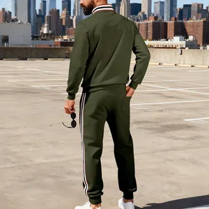 Detail of olive green heavy casual men's tracksuit set with striped collar and side trim