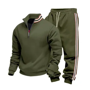 Heavyweight olive green men's tracksuit set with striped ribbing and stand collar detail