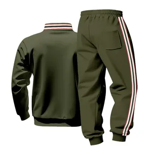 Back view of men's olive green heavy tracksuit with striped stand collar and side tape.