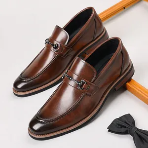 Classic brown leather loafers with horsebit detail for formal business and wedding
