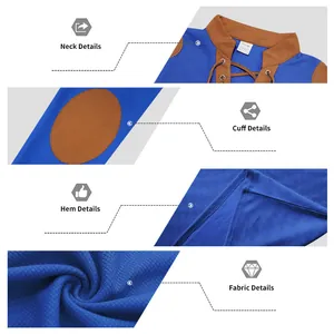 Close-up details of neck, cuff, and fabric of blue Viking medieval long sleeve shirt