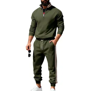 Premium men's olive green heavy tracksuit with striped tape details and stand collar