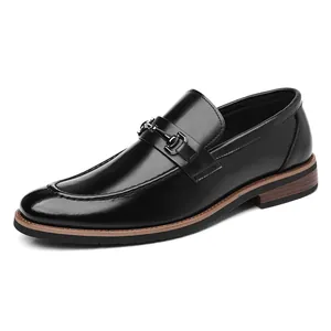 Classic black men's leather business loafers with metal horsebit detail