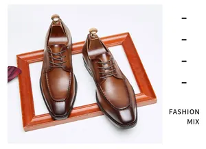 Detailed view of brown vintage leather Derby shoes with square toe and lace-up design