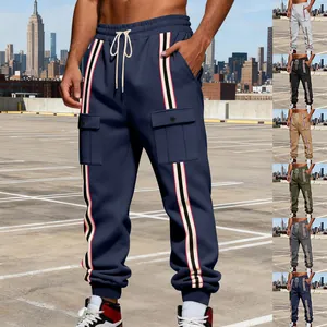 Men's heavy fleece cargo sweatpants with retro webbing stripes and side pockets