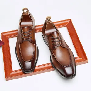 Vintage British style brown leather Derby shoes with square toe and lace-up design