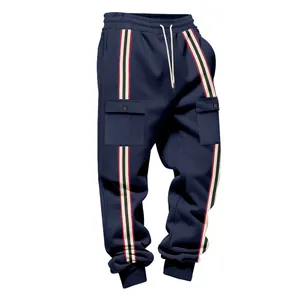 Detail of navy heavyweight fleece cargo sweatpants with retro striped webbing.