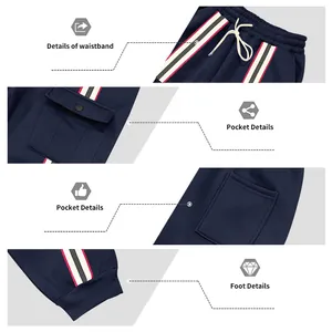Detail view of navy fleece sweatpants with retro webbing and cargo pockets.