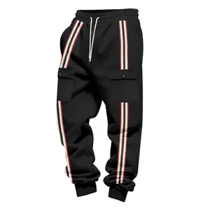 Detail view showing the black heavy fleece fabric and vintage striped webbing of cargo pants