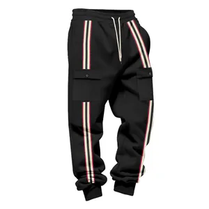 Detail of men's heavy fleece cargo sweatpants with vintage striped tape and side pockets