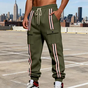 Detail view of men's cargo pants with signature side stripes and pockets