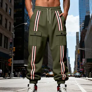 Close-up detail of heavy olive green cargo sweatpants with vertical red and white stripes