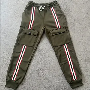 Full view of olive green men's heavy fleece cargo pants with striped webbing details