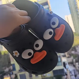 Detailed view of cartoon duck face shoe charms featuring big eyes and orange beak