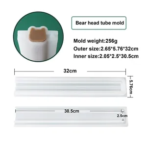Detail view of bear head tube mold with precise dimensions for DIY soap making.