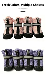 Dettaglio di scarpe per cani in rete traspirante con cinturini riflettenti rosa e viola