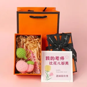 Handmade crochet peach keychain gift set with elegant orange box for Teacher's Day