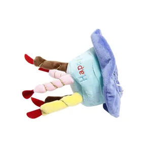Dettaglio cappello di compleanno in peluche per animali con ricamo Happy e candele