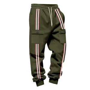 Detail of olive green heavy cargo joggers featuring decorative side striped ribbons