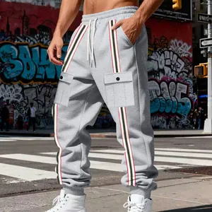 Men's heavyweight fleece-lined cargo sweatpants with retro side stripe detail in grey