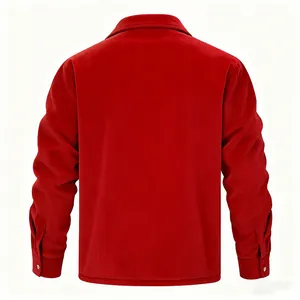 Back view of a red corduroy long sleeve padded jacket for men on white background