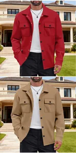 Detailed view comparing red and khaki men's heavy vintage workwear shirt-style jackets