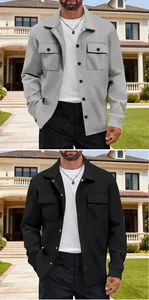 Detail view of men's heavy cargo shirt jackets showing both grey and black color options.