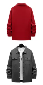 Detailed front and back view of a men's heavy workwear shirt jacket in grey and red finish