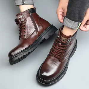 Herren Top-Grain Rindsleder Martens Stiefel Retro Workwear-Stil Schnürstiefel Mit Seitlichem Reißverschluss Dicke Sohle Warme Winterstiefel Für Herren