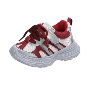 Red and white toddler walking shoes with non-slip soft soles and breathable mesh design