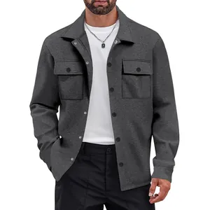 Men's heavy workwear shirt jacket with single-breasted buttons and lapel collar in dark grey
