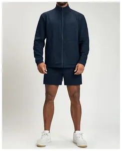 Men's navy blue athletic knit jacket and shorts set for fitness and outdoor sports activities.
