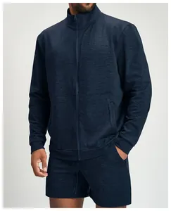 Premium men's navy heathered knit athletic jacket and shorts set for outdoor fitness
