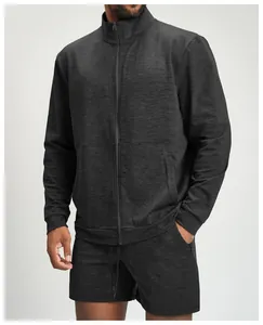High-quality detail of breathable charcoal heather knit men's zip-up sports jacket