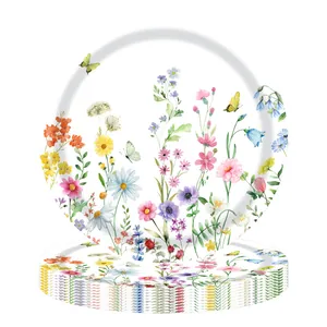 Detailed view of disposable paper plates with vibrant watercolor wildflower patterns