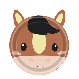 Detailed view of the cute cartoon horse face on the disposable party paper plate