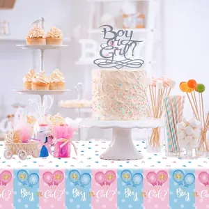 Rosa und blaues Gender Reveal Party Tischtuch mit Ballons auf einem Desserttisch dekoriert