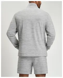 Back view of men's heather grey sports jacket and matching shorts in breathable fabric