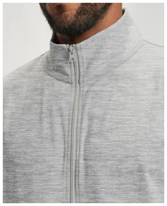Close-up detail of grey marl knit jacket with quarter-zip collar and textured fabric