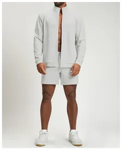 Front view of men's light grey knit athletic jacket and shorts set for fitness