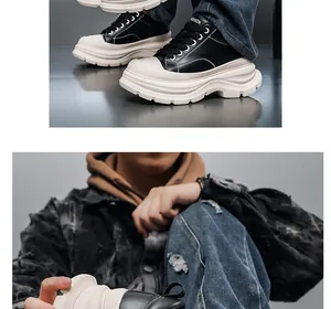 Detailed macro view of 10cm thick platform sole on trendy men's leather sneakers