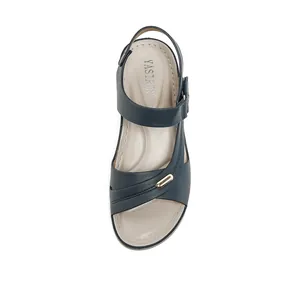 Comfortable navy blue platform sandals with metallic gold buckle detail for women