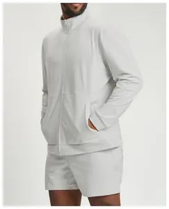 Close-up of men's breathable light grey sports jacket with full-zip and stand collar