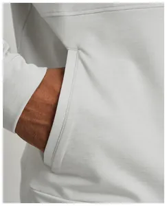 Close-up detail of side pocket on a grey breathable men's sports knitted jacket detail shot.