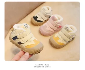 Warm fleece-lined winter walking shoes for toddlers with non-slip soft soles and hook-loop straps